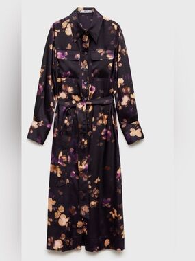 Mango Black Satin Floral Shirt Dress with Purple and Beige Accents